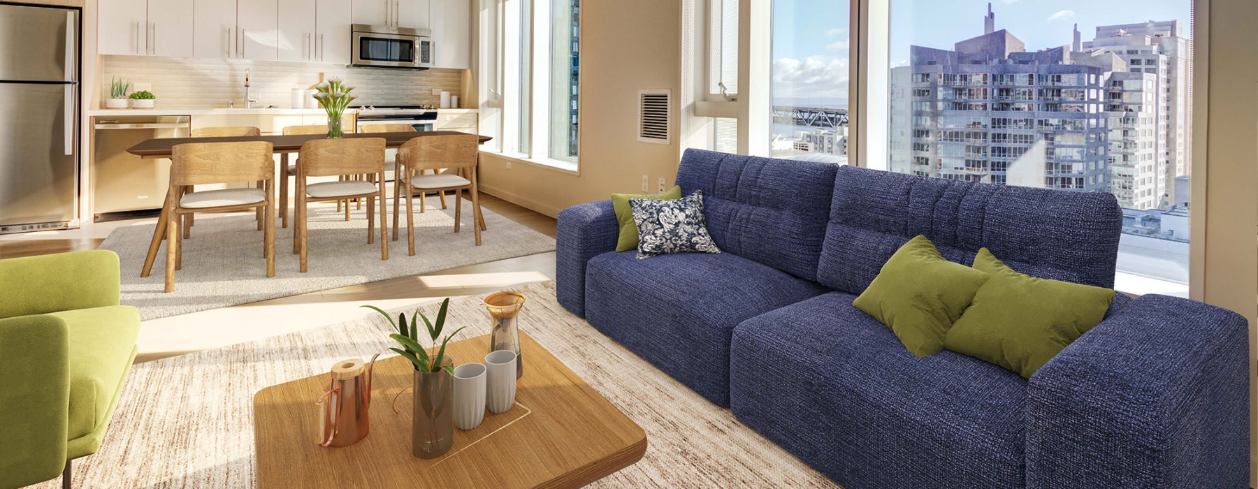bright living room with city views