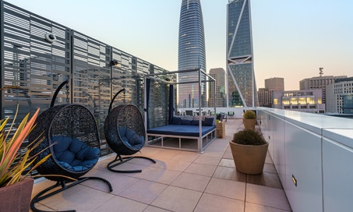 rooftop terrace with city views